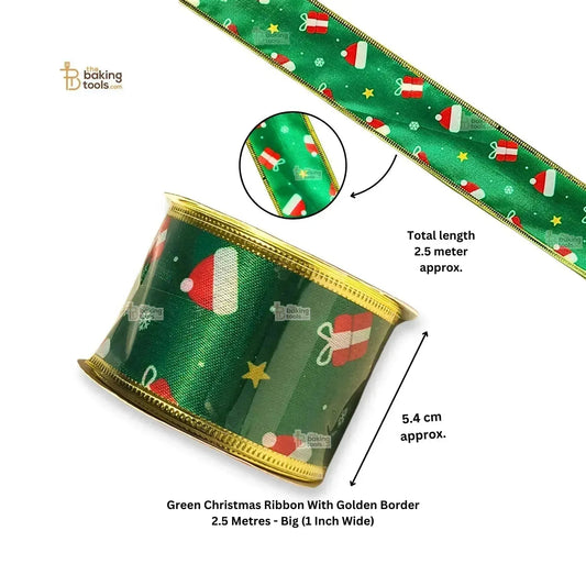 Green Christmas Ribbon With Golden Border 2.5 Metres - Big (2 Inch Wide) - thebakingtools.com