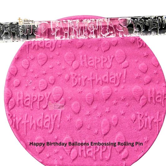Pink embossing rolling pin with 'Happy Birthday' text and balloon designs, branded 'Baking Tools'.