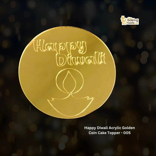 Happy Diwali Charms Acrylic Golden Coin Cake Topper - 005 - thebakingtools.com