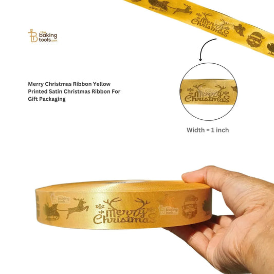 Merry Christmas Ribbon Yellow Printed Satin Christmas Ribbon For Gift Packaging - thebakingtools.com