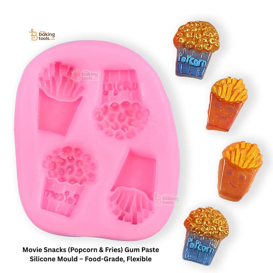 Pink silicone mold for making movie snack-themed candies on a white background