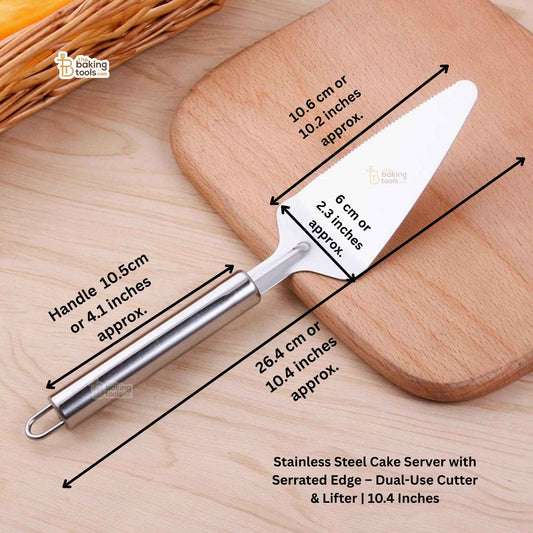 Stainless Steel Cake Server with Serrated Edge -Dual-Use Cutter & Lifter with dimenstons.