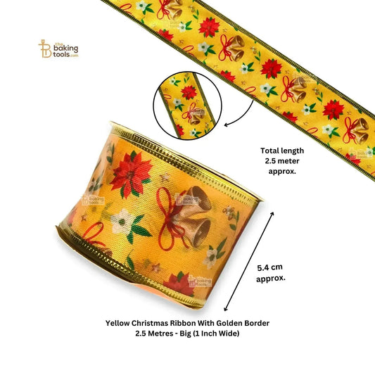 Yellow Christmas Ribbon With Golden Border 2.5 Metres - Big (2 Inch Wide) - thebakingtools.com