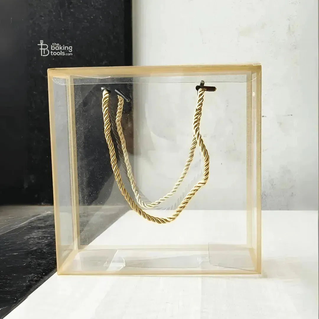 Medium Golden Border PVC Clear Transparent Plastic Hamper Gift Bag With Lace Handle (Pack Of 5) 005