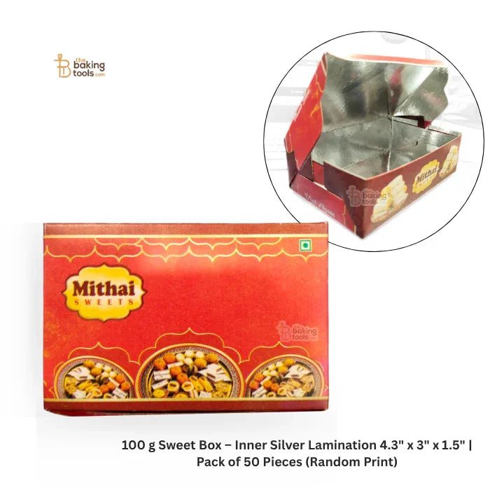 100 gram Sweet Box – Inner Silver Lamination 4.3 x 3 x 1.5 inches | Pack of 50 Pieces (Random Print)