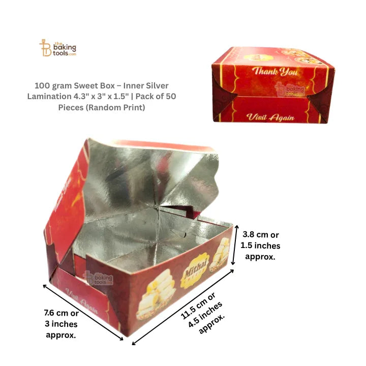 100 gram Sweet Box – Inner Silver Lamination 4.3 x 3 x 1.5 inches | Pack of 50 Pieces (Random Print)