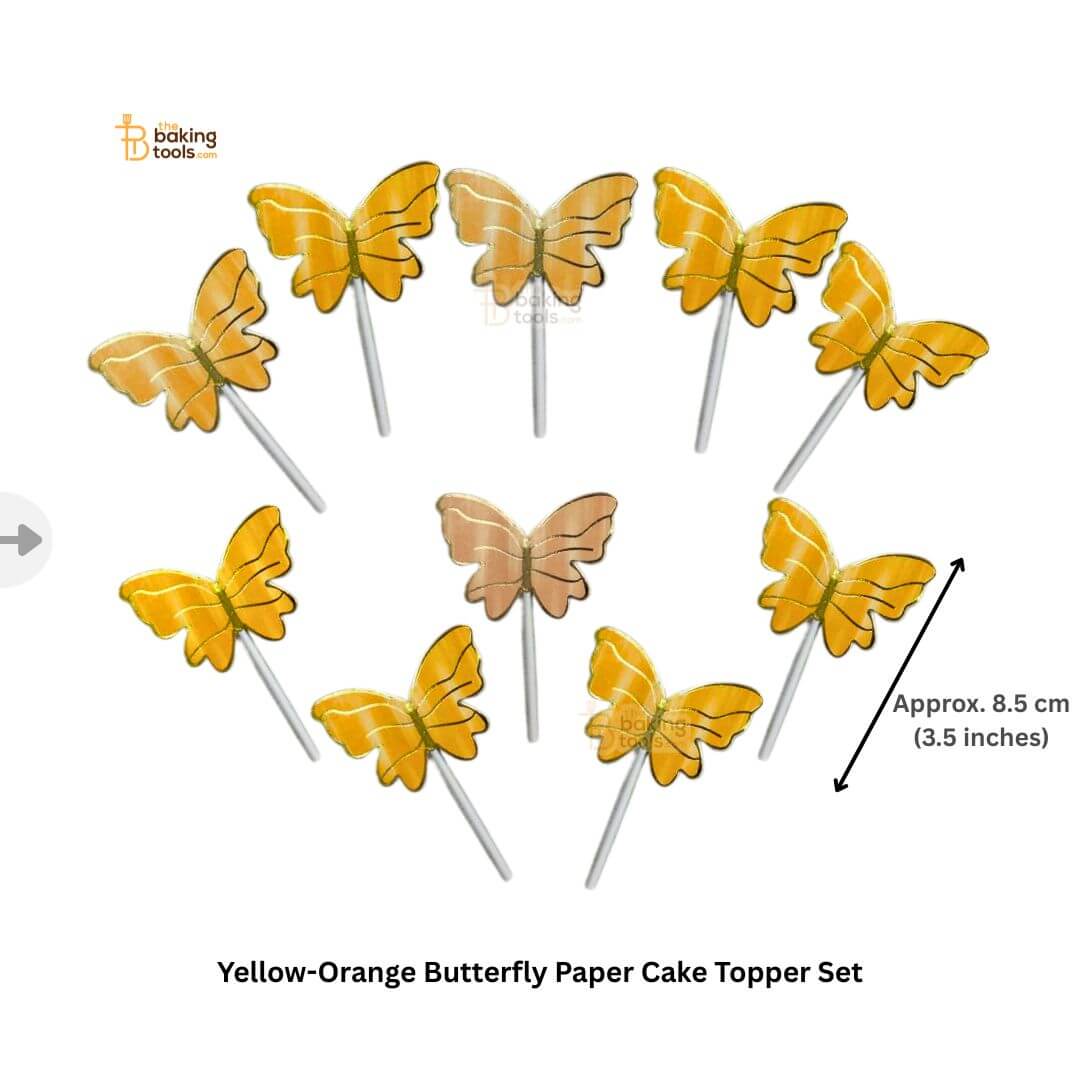 Yellow-Orange Butterfly Cake Topper Set, approximately 8.5 cm (3.5 inches).