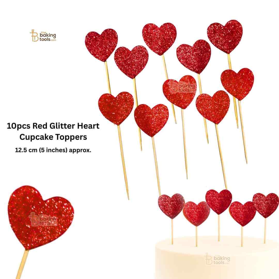 10pcs Red Glitter Heart Cupcake Toppers – Valentine's Day Cake Picks for Wedding, Birthday & Bridal Shower Decorations