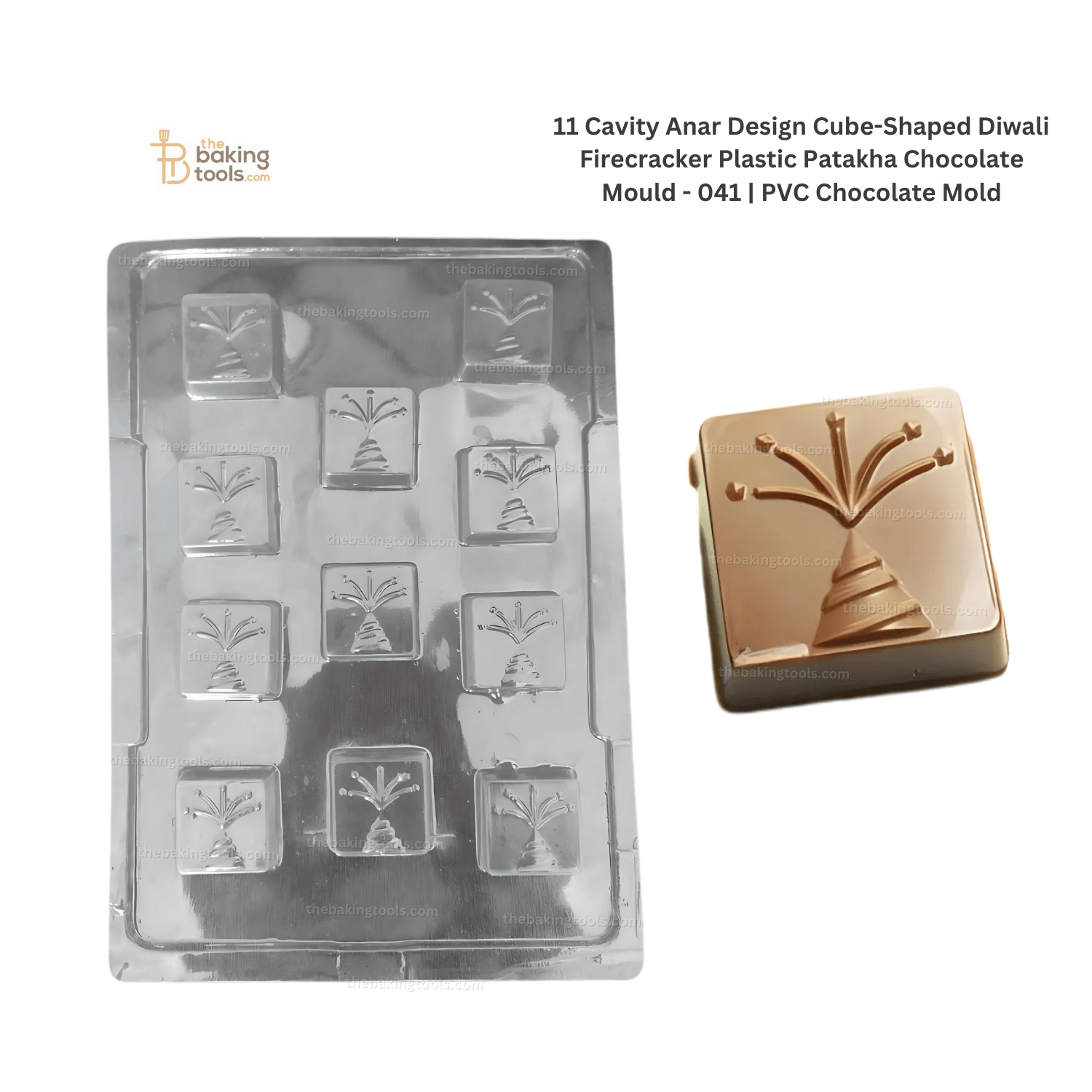 11 Cavity Anar Design Cube-Shaped Diwali Firecracker Plastic Patakha Chocolate Mold - 041 | PVC Chocolate Mould_the baking tools (its an image showing  the mould and its outcome chocoalte will look)