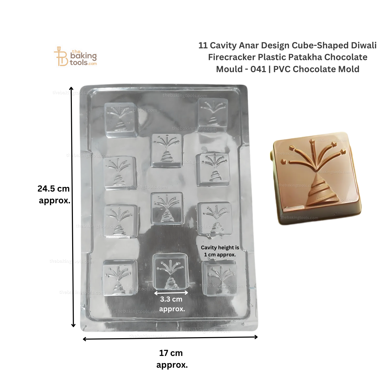 11 Cavity Anar Design Cube-Shaped Diwali Firecracker Plastic Patakha Chocolate Mold - 041 | PVC Chocolate Mould_the baking tools (its an image just showing the sizes of the mould)