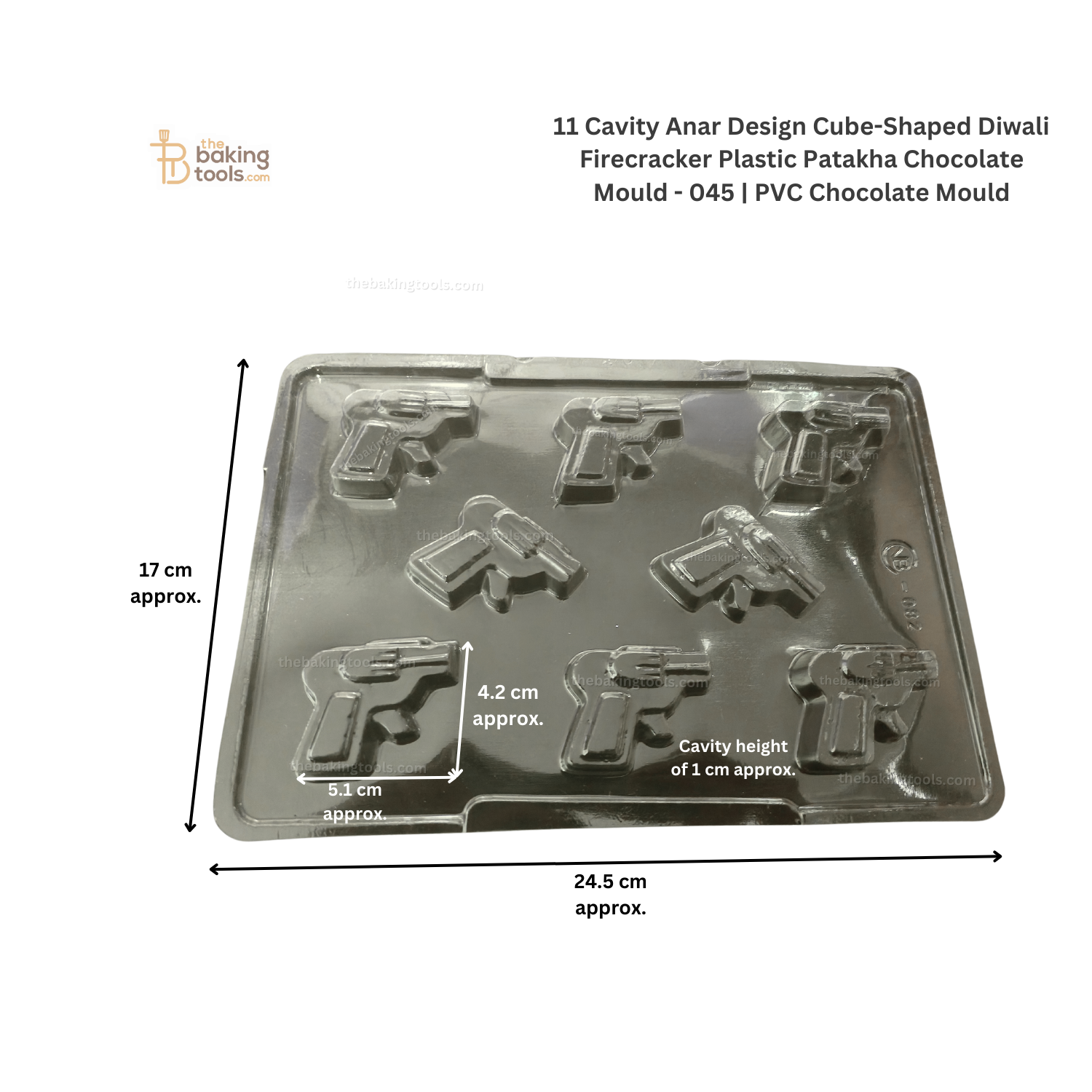 11 Cavity Gun-Shaped Diwali Firecracker Plastic Patakha Chocolate Mould - 045 | PVC Chocolate Mold _ the baking tools  (its an image just showing the sizes of the mould)