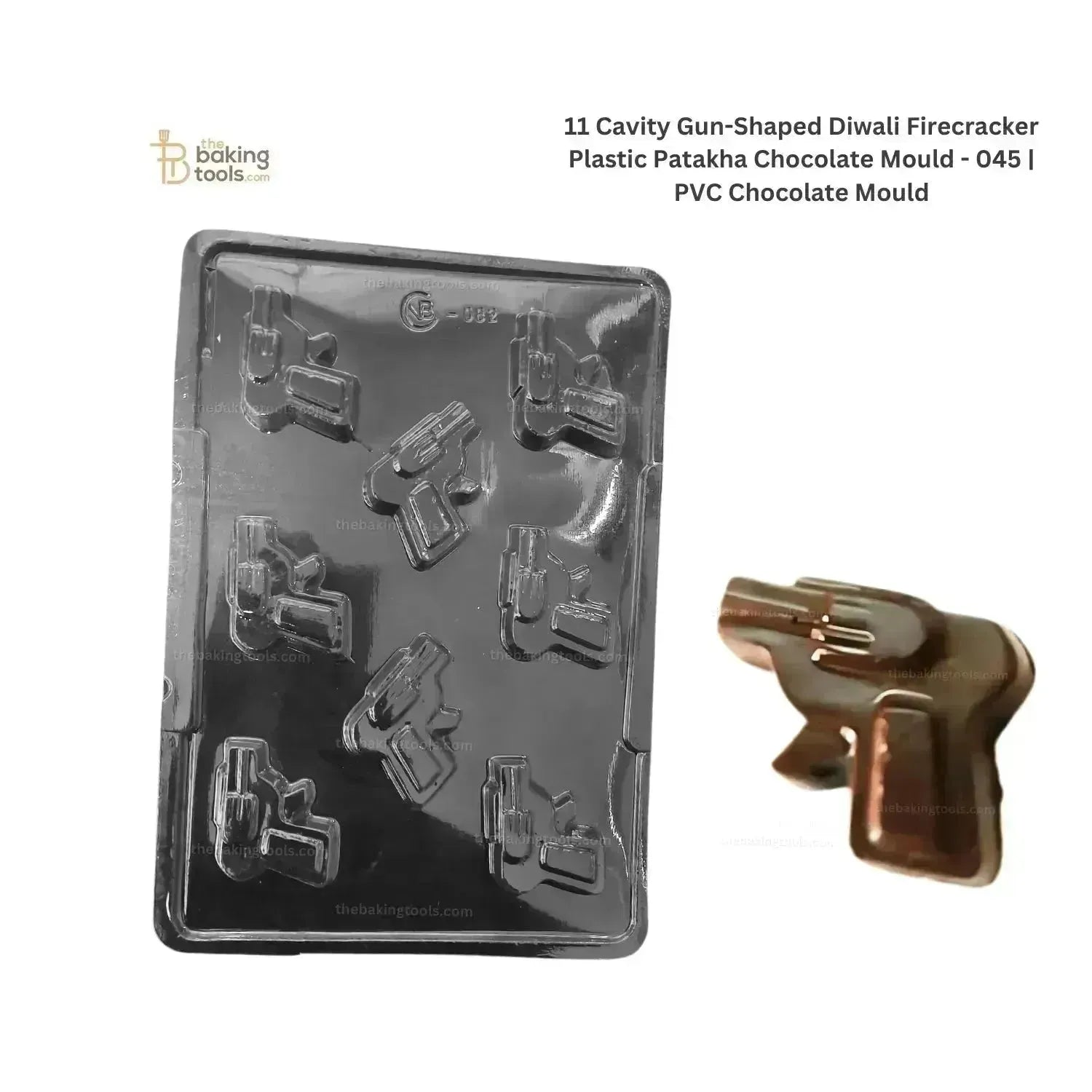 11 Cavity Gun-Shaped Diwali Firecracker Plastic Patakha Chocolate Mould - 045 | PVC Chocolate Mold _ the baking tools  (its an image showing  the mould and its outcome chocoalte will look)