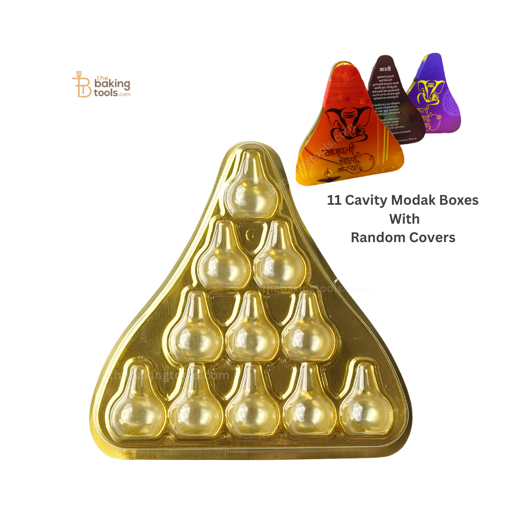 11 Cavity Modak Shaped Hamper Boxes With Golden Tray Clear Transparent Lid And Printed Modak Box Cover (Pack of 5) _ the bakign tools