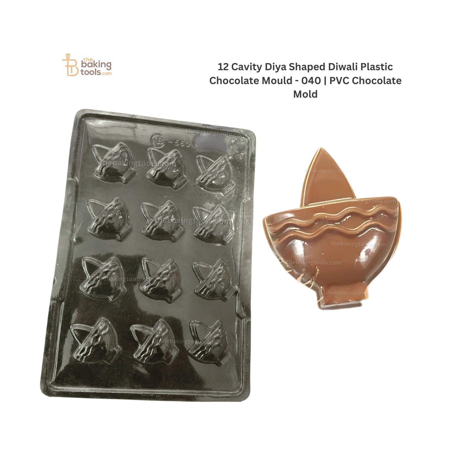 12 Cavity Diya Shaped Diwali Plastic  Chocolate Mould - 040 | PVC Chocolate Mold_the baking tools (its an image showing  the mould and its outcome chocoalte will look)