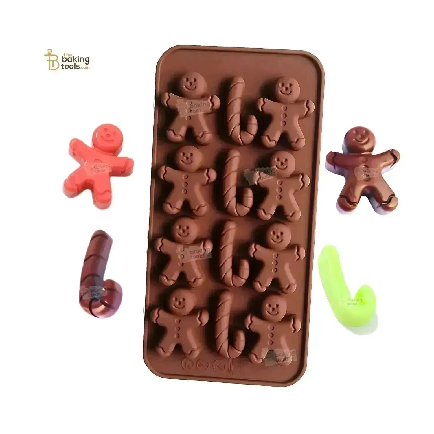 12 Cavity J Shaped Candy Cane and Ginger Bread Man Christmas Mould Silicone Chocolate Mold - thebakingtools.com