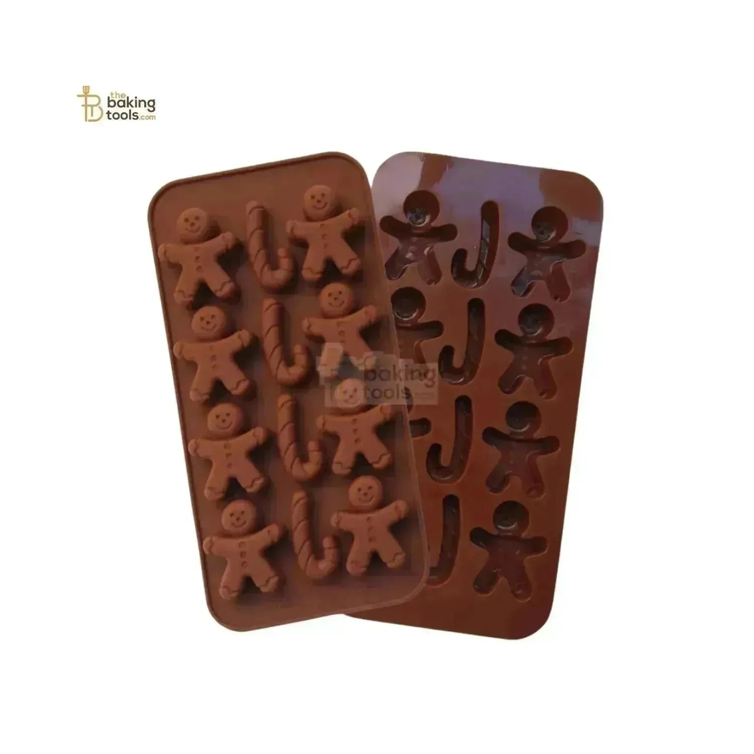 12 Cavity J Shaped Candy Cane and Ginger Bread Man Christmas Mould Silicone Chocolate Mold - thebakingtools.com