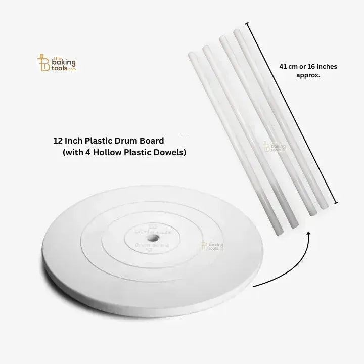 12 Inch Plastic Drum Board - White (with 4 Hollow Plastic Dowels) - thebakingtools.com