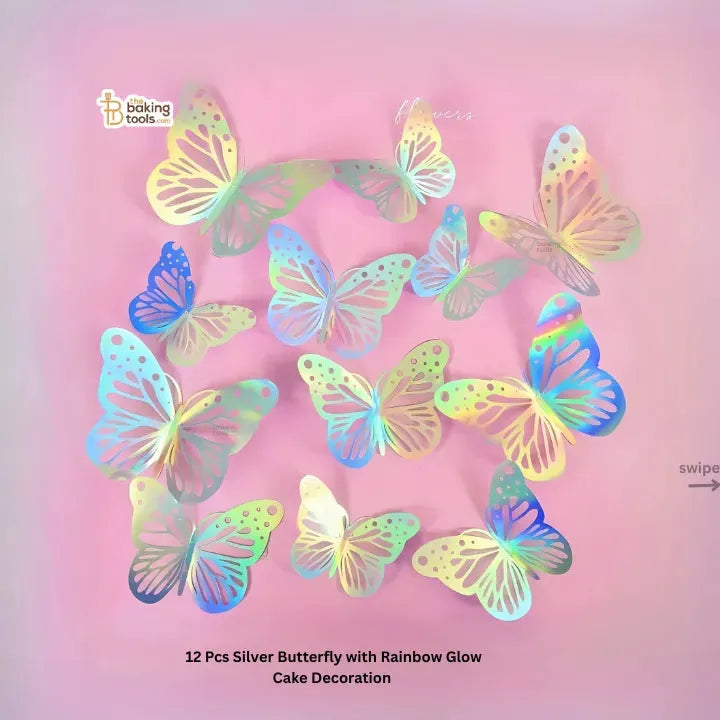 12 Pcs Silver Butterfly Cake Decoration With Rainbow Glow
