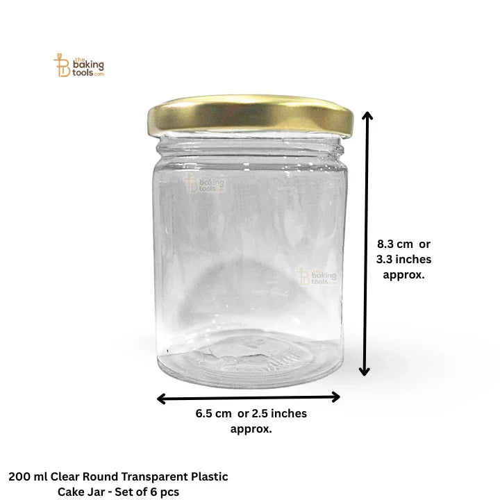 Clear round transparent plastic cake jar with gold lid and dimensions on a white background