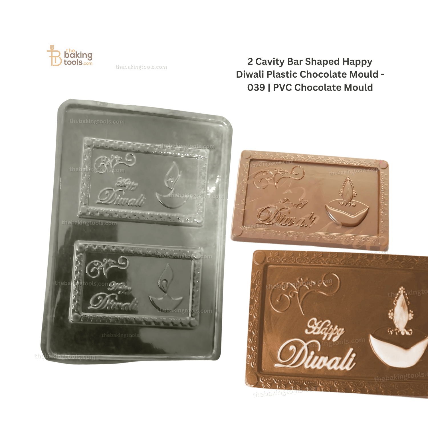 2 Cavity Bar Shaped Happy Diwali Plastic Chocolate Mould - 039 | PVC Chocolate Mould_the baking tools (its an image showing  the mould and its outcome chocoalte will look)