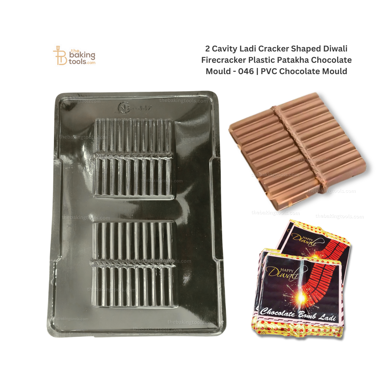 2 Cavity Ladi Cracker Shaped Diwali Firecracker Plastic Patakha Chocolate Mould - 046 | PVC Chocolate Mould _ the baking tools (its an image of the mould and its outcome with and without its sticker)