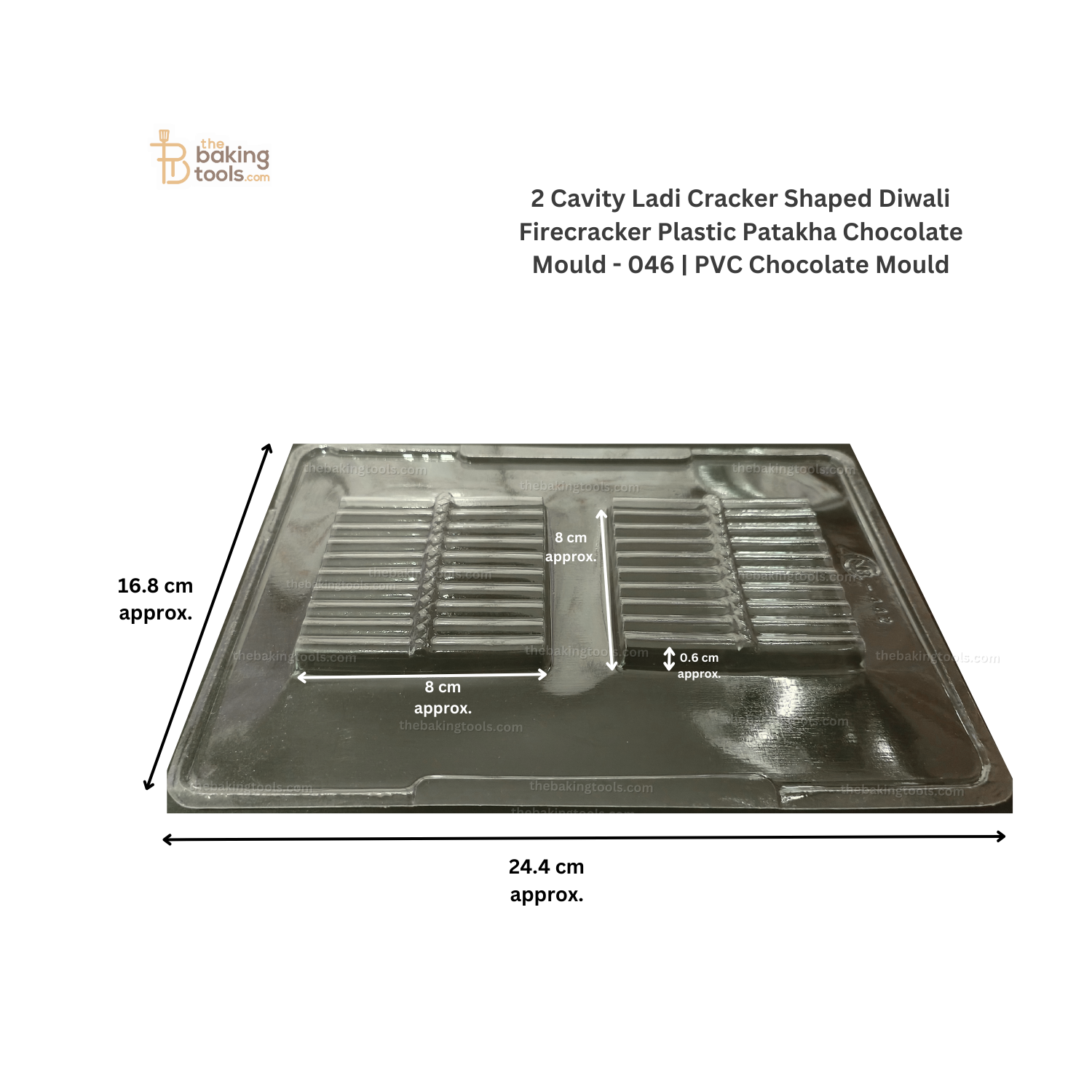 2 Cavity Ladi Cracker Shaped Diwali Firecracker Plastic Patakha Chocolate Mould - 046 | PVC Chocolate Mould _ the baking tools (its an image just showing the sizes of the mould)