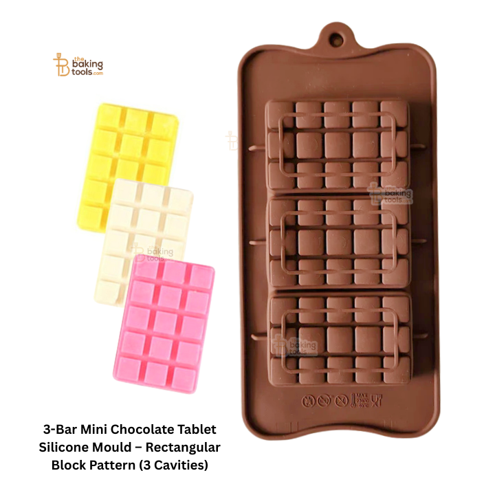 3-Bar Mini Chocolate Tablet Silicone Mould – Rectangular Block Pattern (3 Cavities)