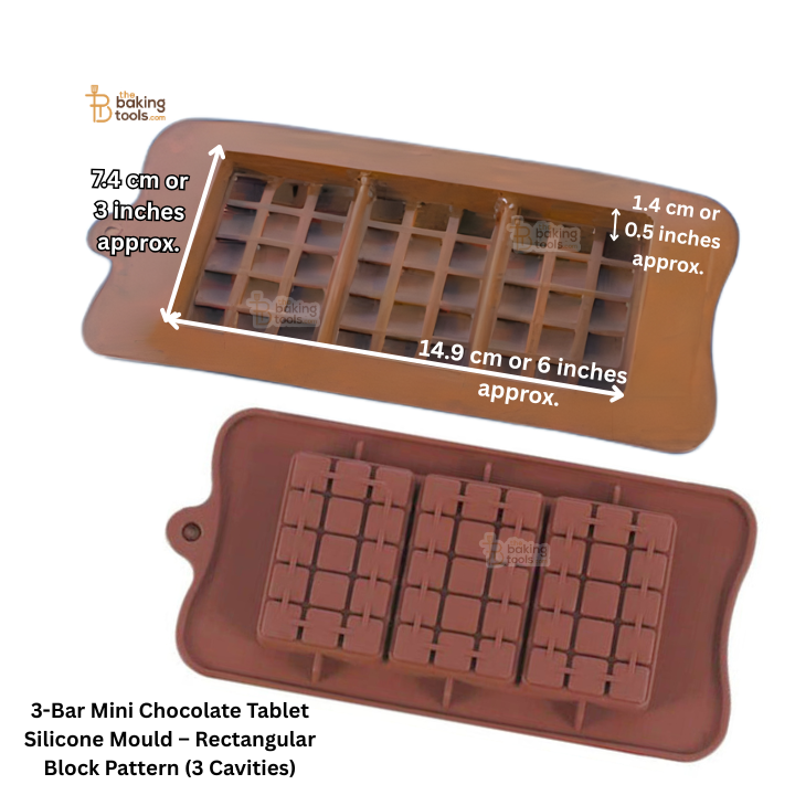 3-Bar Mini Chocolate Tablet Silicone Mould – Rectangular Block Pattern (3 Cavities)