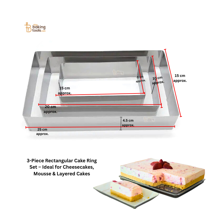 3-Piece Rectangular Cake Ring Set – Ideal for Cheesecakes, Mousse & Layered Cakes