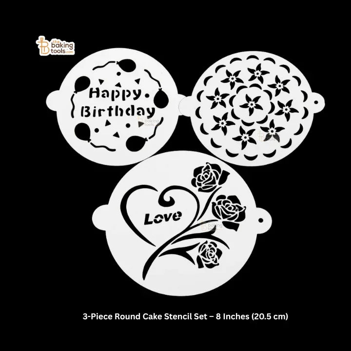 3-Piece Round Cake Stencil Set for Decorating – 8 Inch Plastic Stencils for Birthday, Floral, and Love Themes