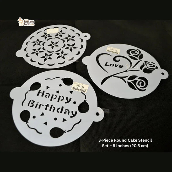3-Piece Round Cake Stencil Set for Decorating – 8 Inch Plastic Stencils for Birthday, Floral, and Love Themes