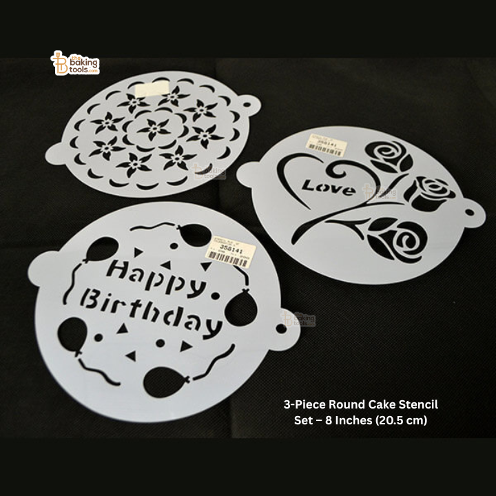 3-Piece Round Cake Stencil Set for Decorating – 8 Inch Plastic Stencils for Birthday, Floral, and Love Themes