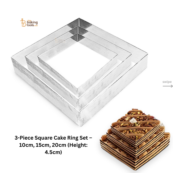 3-Piece Square Cake Ring Set – 10cm, 15cm, 20cm (Height: 4.5cm)