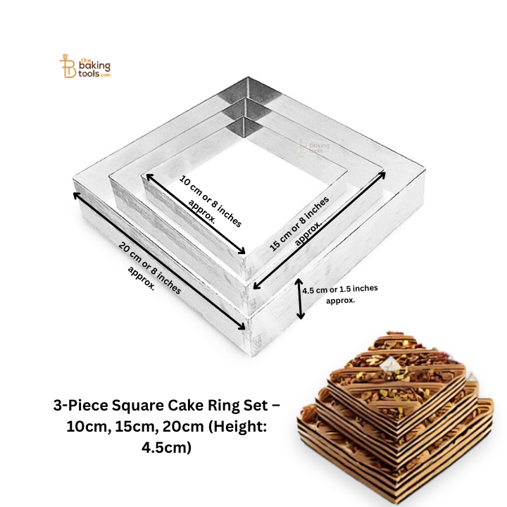 3-Piece Square Cake Ring Set – 10cm, 15cm, 20cm (Height: 4.5cm)