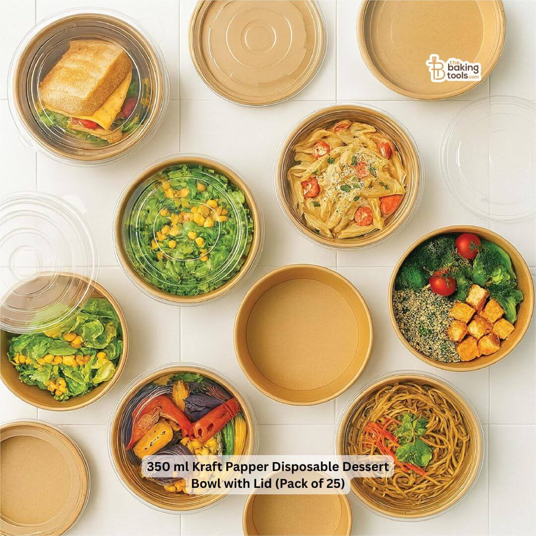 350 ml disposable dessert bowls with lids, featuring various food items.