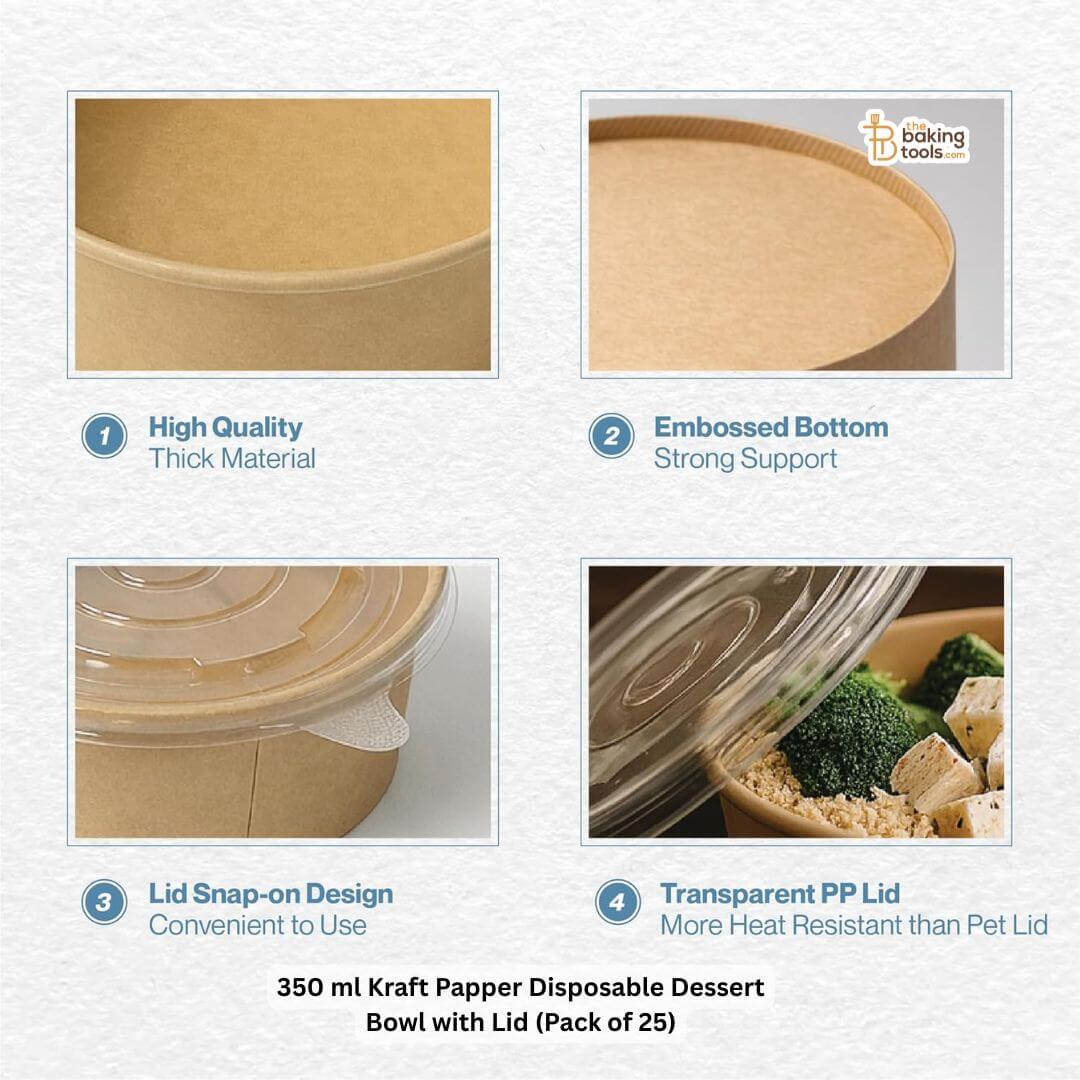 Disposable dessert bowl with lid packaging featuring features