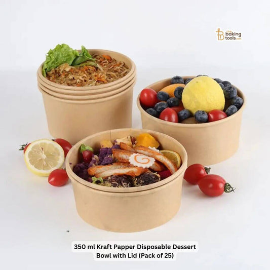 Disposable dessert bowls with lids containing various foods on a white background, branded 'Baking Tools'.