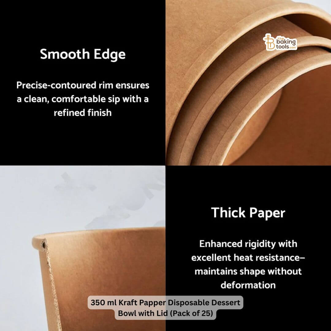 Disposable dessert bowl packaging with text on smooth edge and thick paper quality.