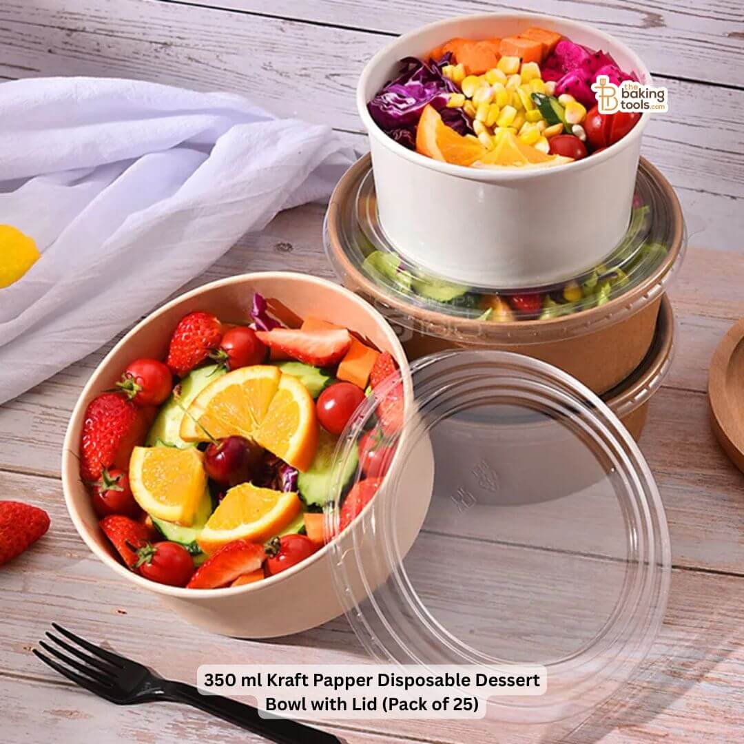 Disposable dessert bowls with lids filled with fruits and salad