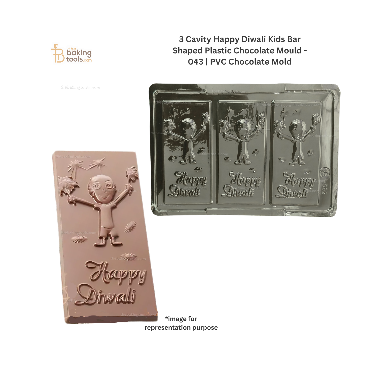 3 Cavity Happy Diwali Kids Bar Shaped Plastic Chocolate Mould - 043 | PVC Chocolate Mold _ the baking tools (its an image showing  the mould and its outcome chocoalte will look)