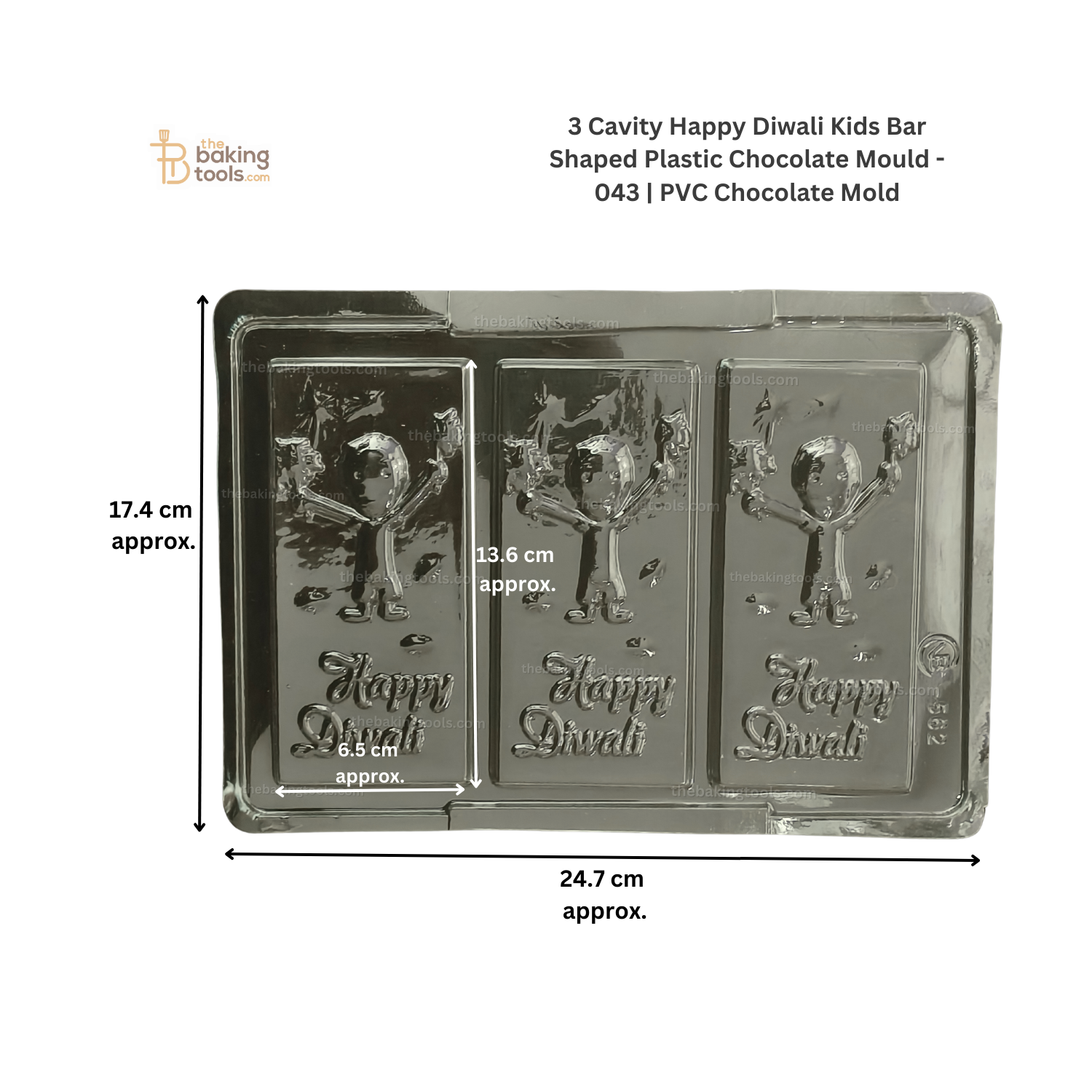 3 Cavity Happy Diwali Kids Bar Shaped Plastic Chocolate Mould - 043 | PVC Chocolate Mold _ the baking tools (its an image just showing the sizes of the mould)