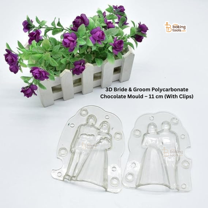3D Bride & Groom polycarbonate chocolate mould with clips on a white background