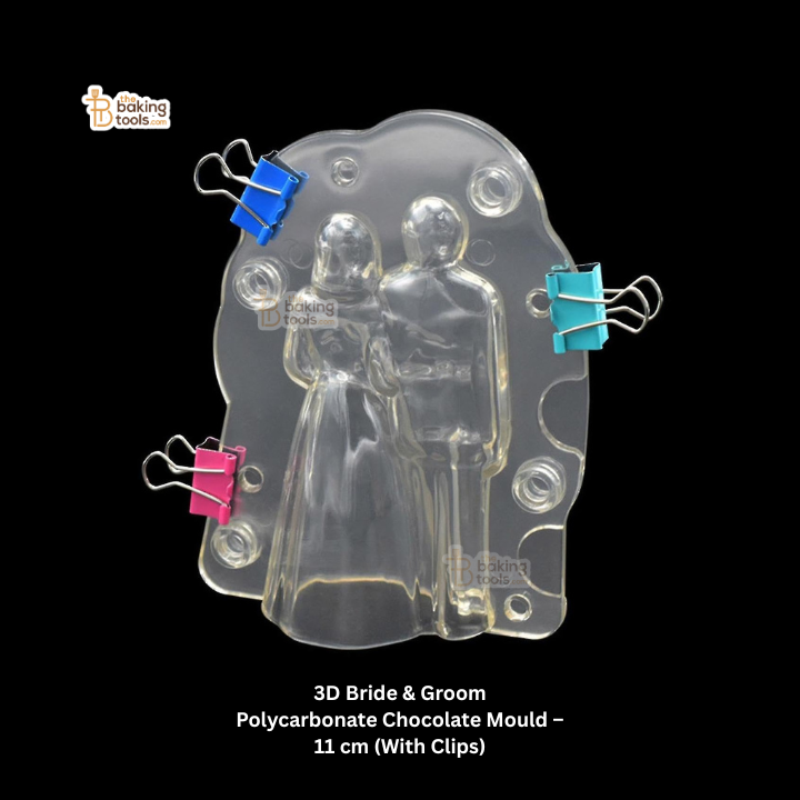 Clear 3D bride and groom chocolate mould's back side with clips on a black background