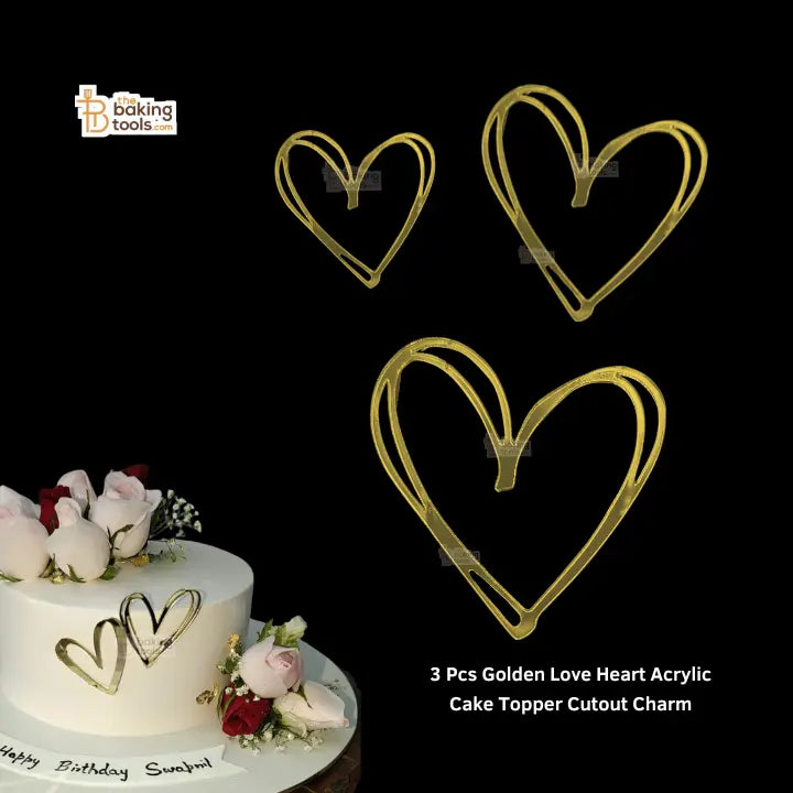 3 Pcs Golden Love Heart Acrylic Cake Topper Cut-out Charm _ The Bakign Tools