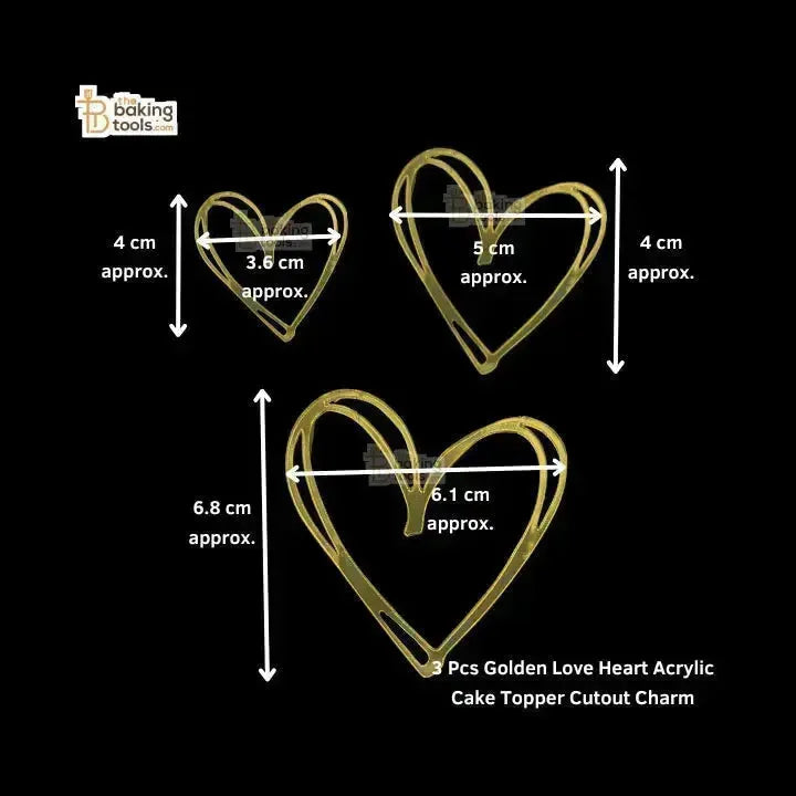 3 Pcs Golden Love Heart Acrylic Cake Topper Cutout Charm - thebakingtools.com