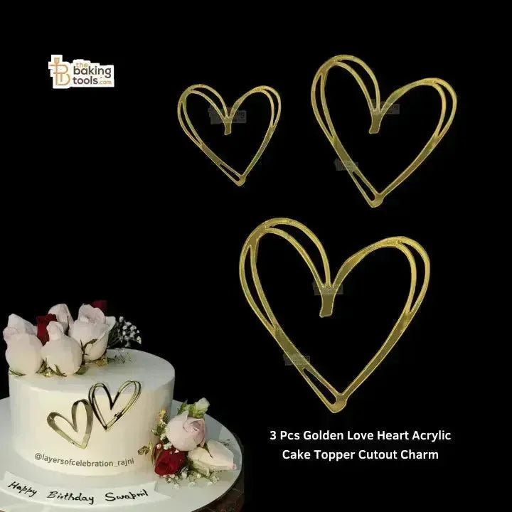 3 Pcs Golden Love Heart Acrylic Cake Topper Cutout Charm - thebakingtools.com