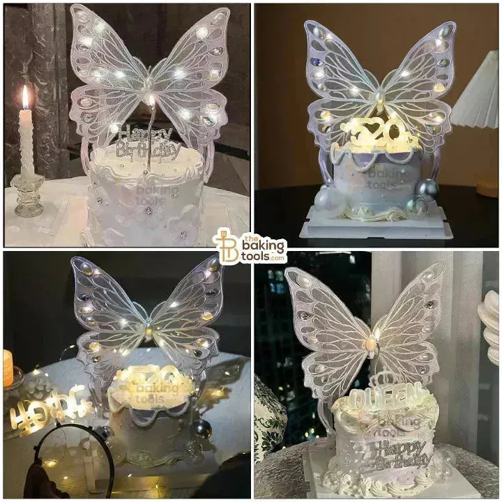 White Embroidered Angel Butterfly Wings Topper with Warm Yellow Light - thebakingtools.com