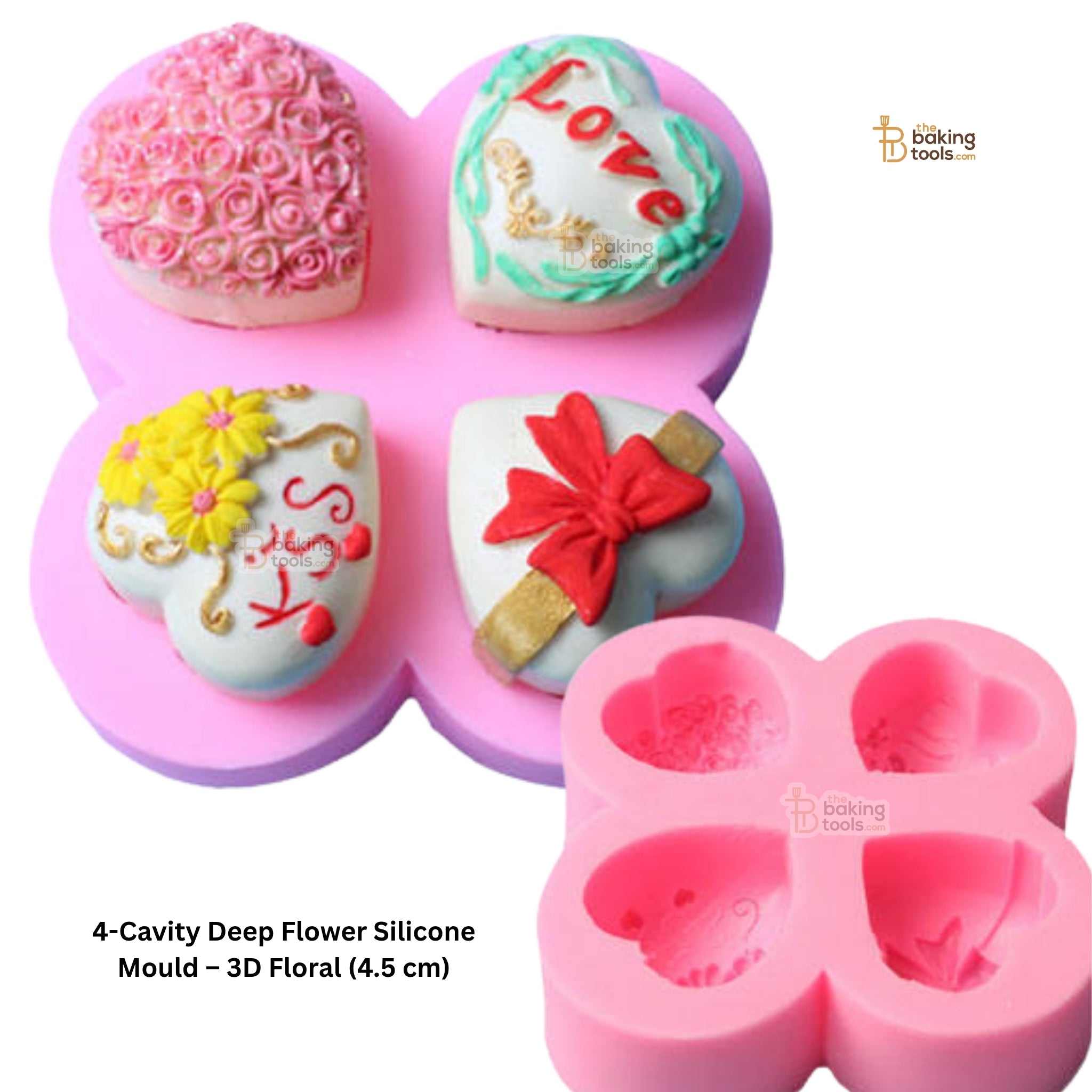 Silicone mold with heart-shaped cavities for floral designs on a white background