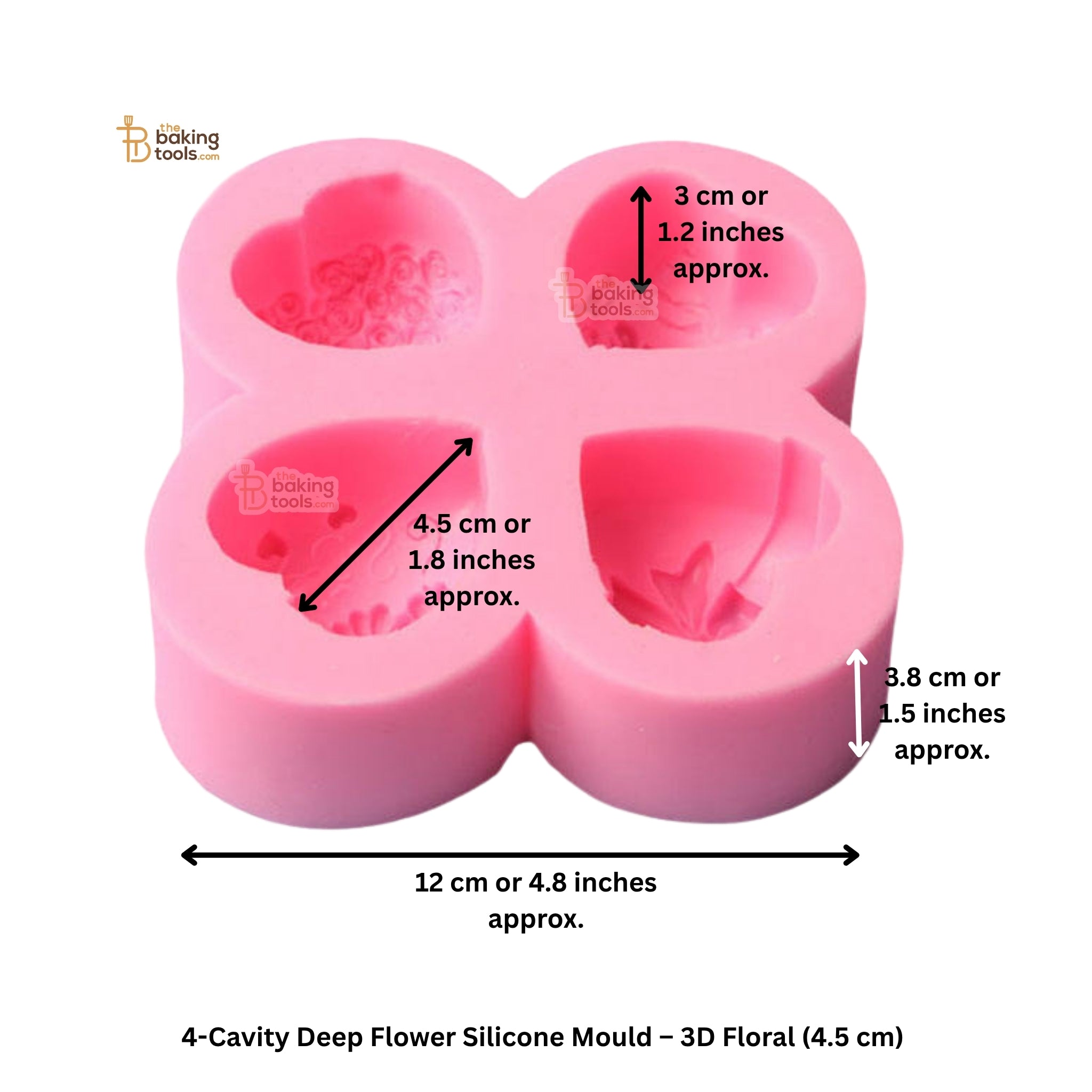Pink silicone mold with dimensions labeled on a white background