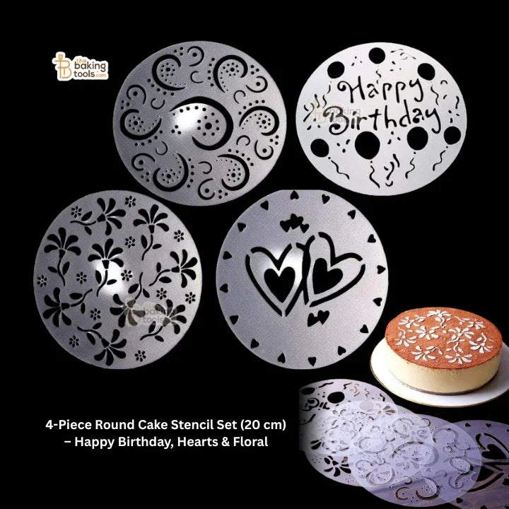 4-Piece Round Cake Stencil Set (20 cm) – Happy Birthday, Hearts & Floral